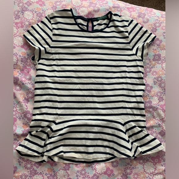 LAUREN by Ralph Lauren navy & white striped peplum blouse size Medium - Picture 2 of 11